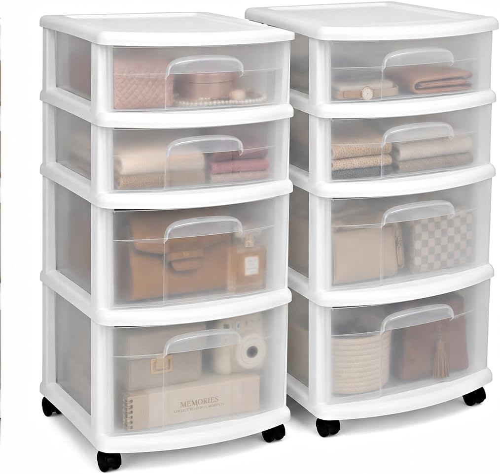 2-Pack Clear Drawer Carts – 4-Tier Rolling Storage for Home & Office