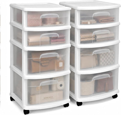 2-Pack Clear Drawer Carts – 4-Tier Rolling Storage for Home & Office