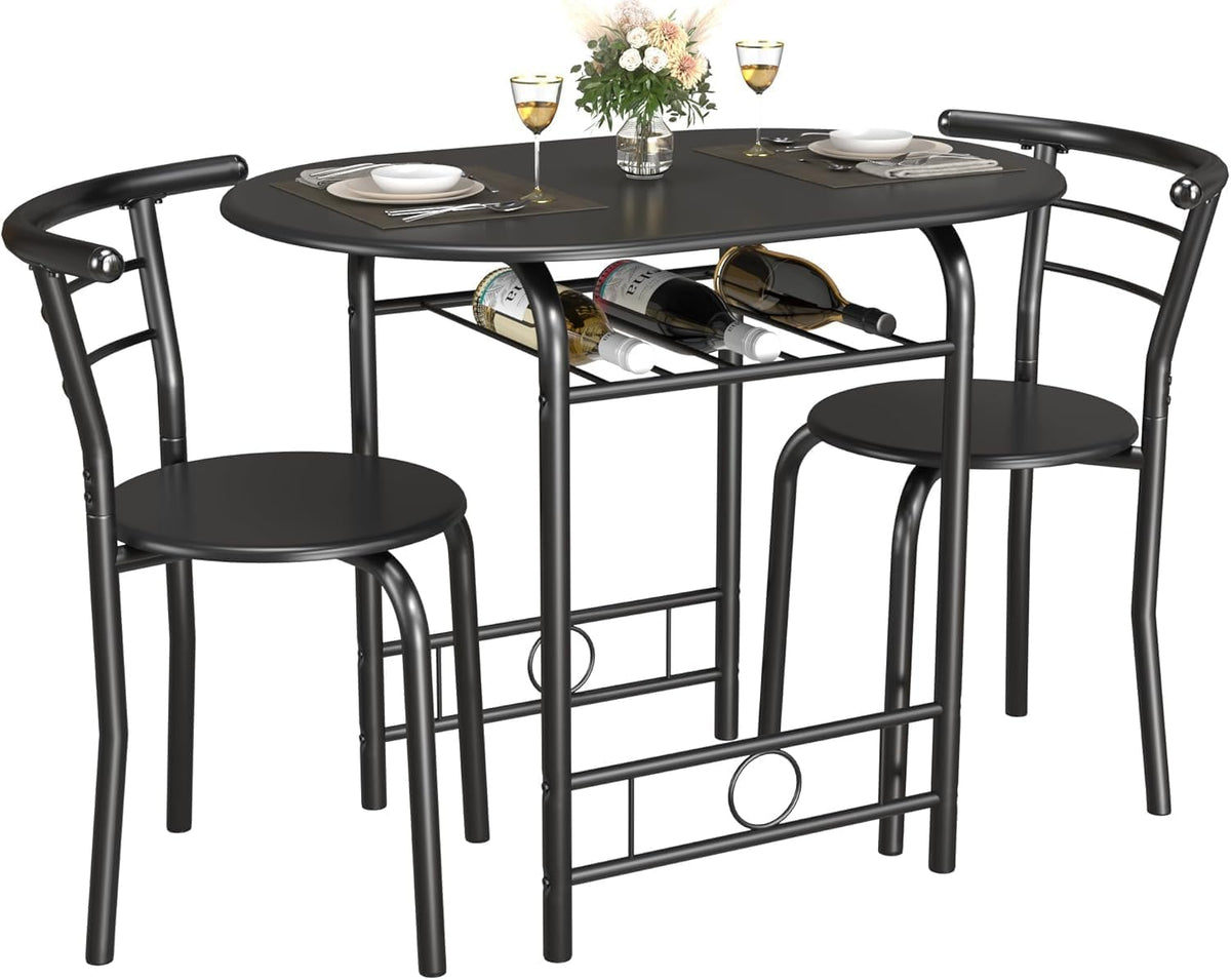 3-Piece Breakfast Nook Set with Wine Rack – Walnut/Black