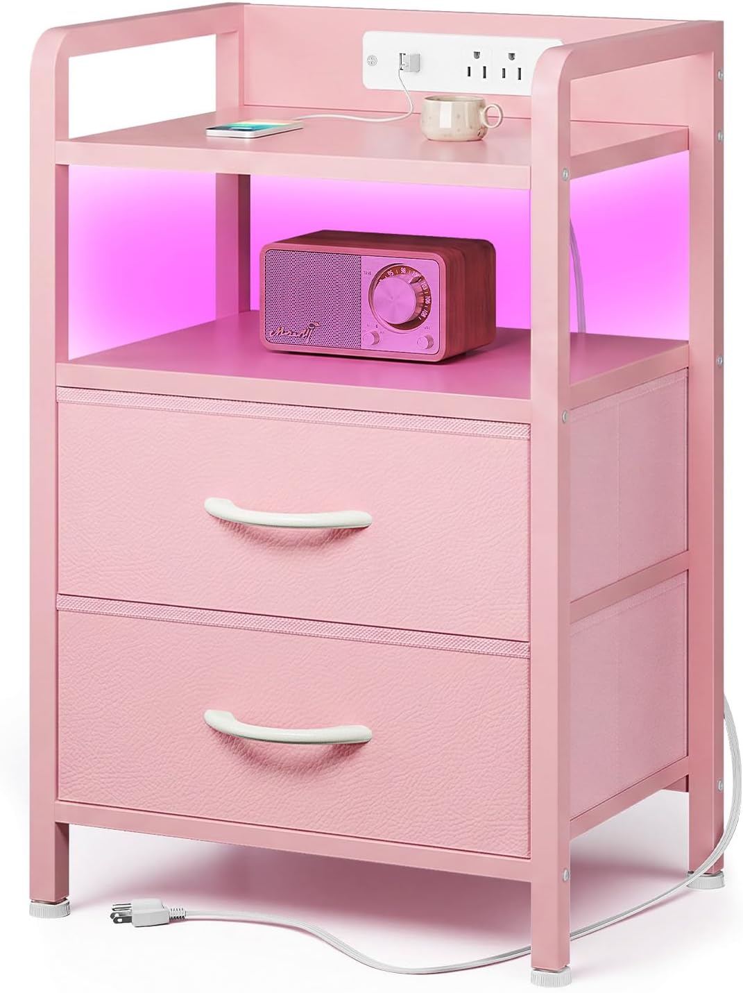 Black Nightstand w/USB & AC Outlets, LED Light – 2 Fabric Drawers, Raised Back Guard