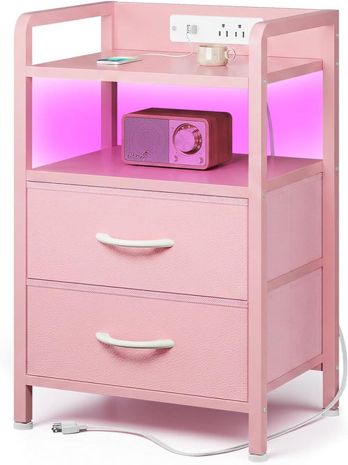 Black Nightstand w/USB & AC Outlets, LED Light – 2 Fabric Drawers, Raised Back Guard