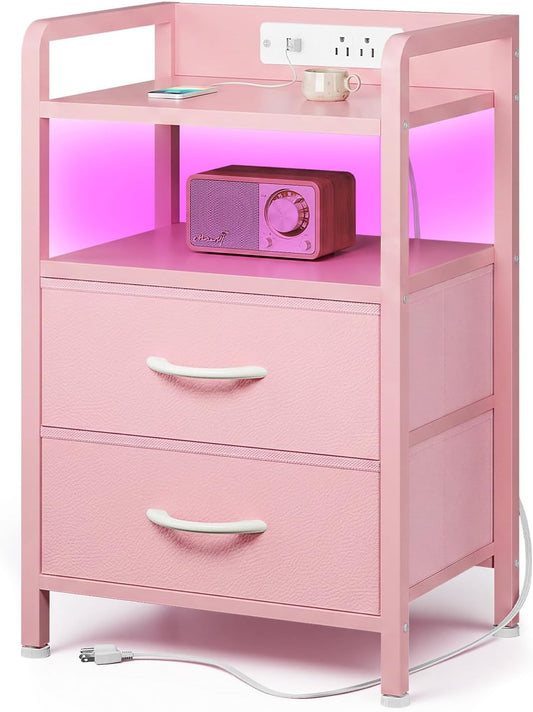 Black Nightstand w/USB & AC Outlets, LED Light – 2 Fabric Drawers, Raised Back Guard