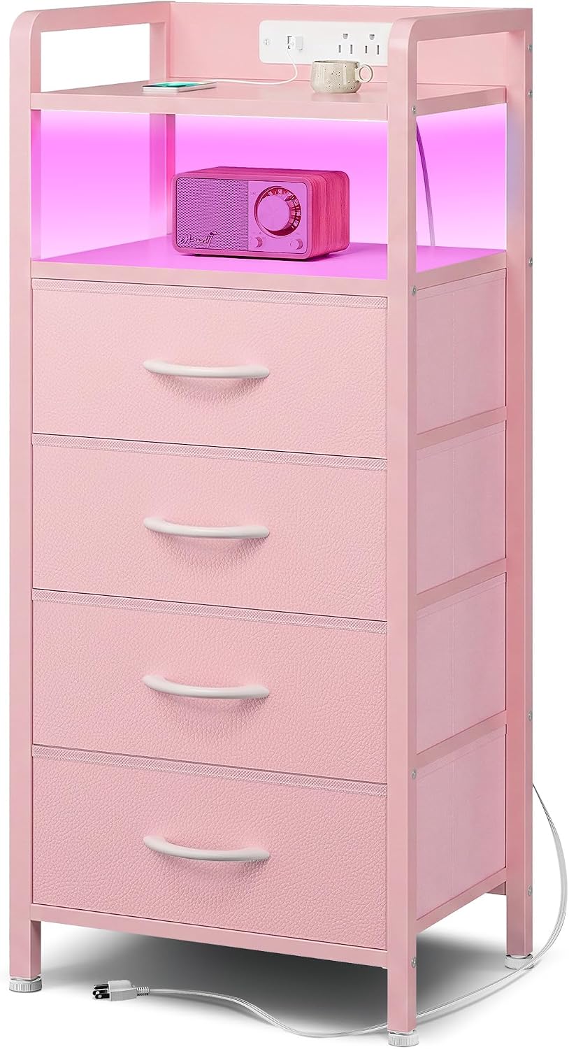 Black Nightstand w/USB & AC Outlets, LED Light – 2 Fabric Drawers, Raised Back Guard
