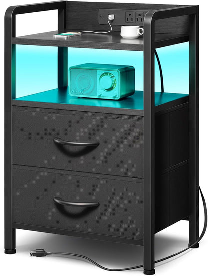 Black Nightstand w/USB & AC Outlets, LED Light – 2 Fabric Drawers, Raised Back Guard