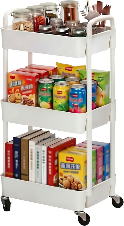 3-Tier White Storage Cart for Kitchen & Bathroom – Movable, Easy Assembly