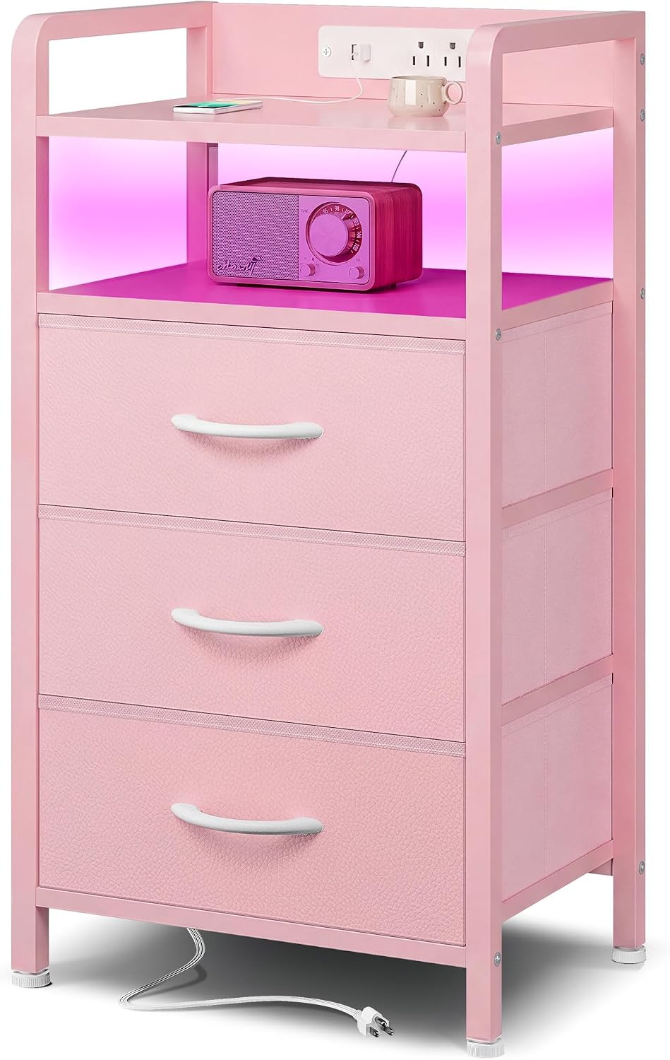 Black Nightstand w/USB & AC Outlets, LED Light – 2 Fabric Drawers, Raised Back Guard