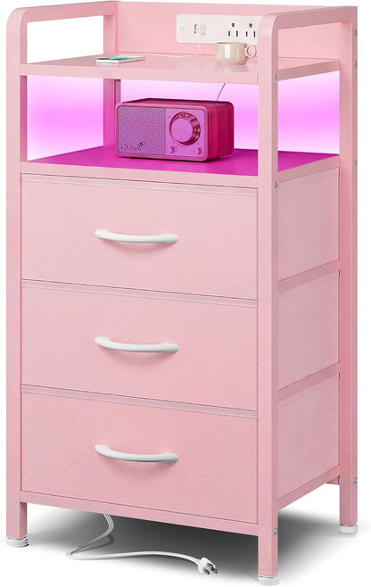 Black Nightstand w/USB & AC Outlets, LED Light – 2 Fabric Drawers, Raised Back Guard