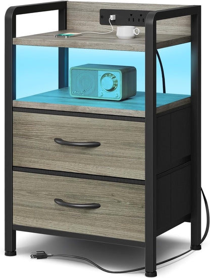 Black Nightstand w/USB & AC Outlets, LED Light – 2 Fabric Drawers, Raised Back Guard