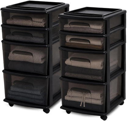 2-Pack Clear Drawer Carts – 4-Tier Rolling Storage for Home & Office