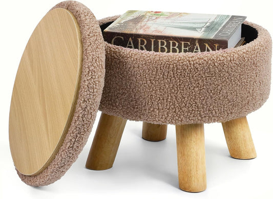 Small Round Storage Ottoman for Living Room & Bedroom – Cream, Wood Legs