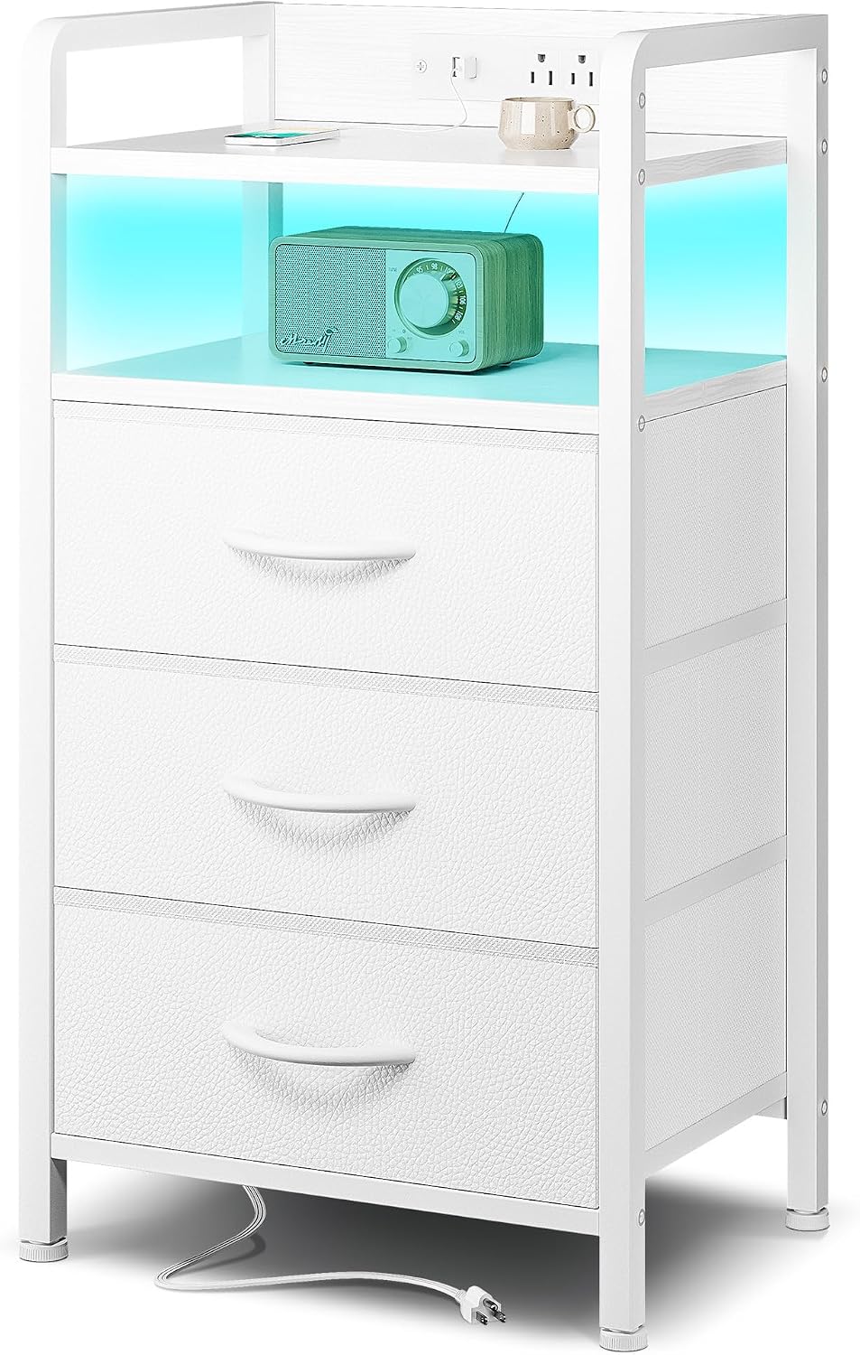 Black Nightstand w/USB & AC Outlets, LED Light – 2 Fabric Drawers, Raised Back Guard