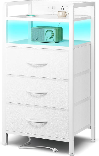 Black Nightstand w/USB & AC Outlets, LED Light – 2 Fabric Drawers, Raised Back Guard