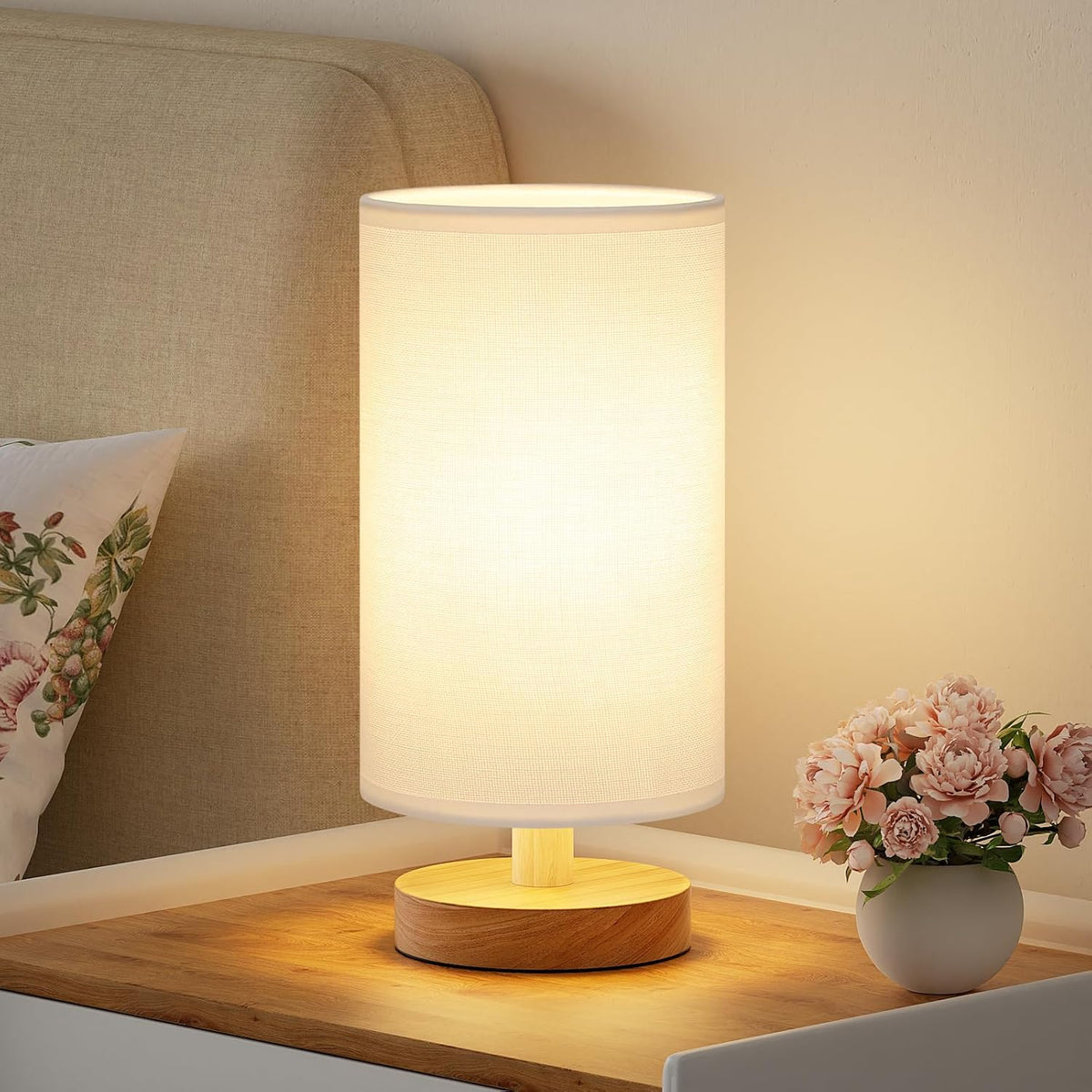 9" Minimalist Table Lamp – Cream Shade, Wood Base, 3000K Bulb Included