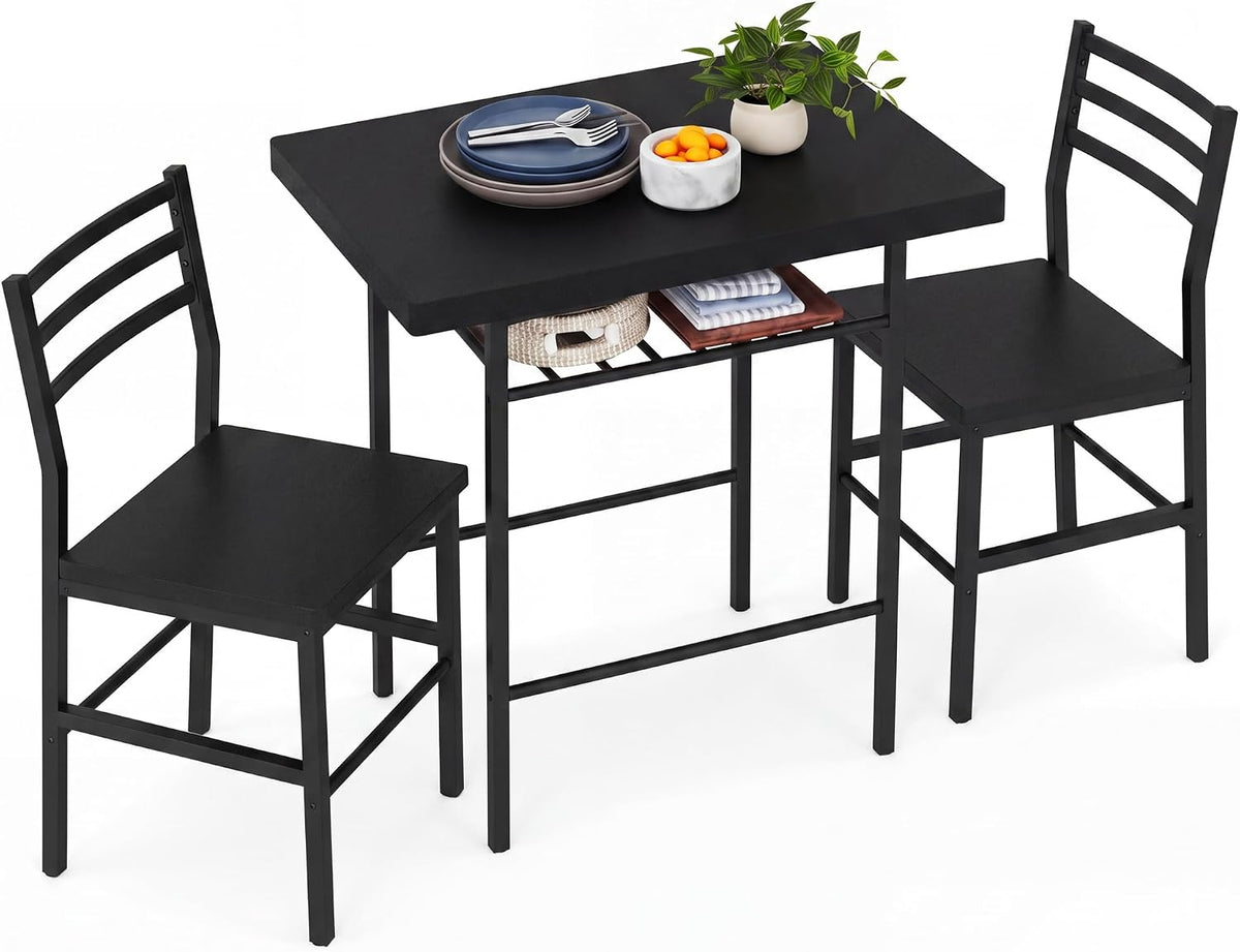 3-Piece Breakfast Nook Set with Wine Rack – Walnut/Black