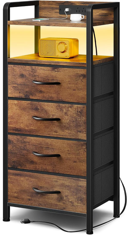 Black Nightstand w/USB & AC Outlets, LED Light – 2 Fabric Drawers, Raised Back Guard
