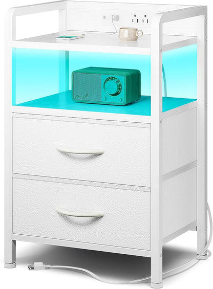 Black Nightstand w/USB & AC Outlets, LED Light – 2 Fabric Drawers, Raised Back Guard