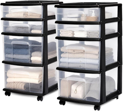2-Pack Clear Drawer Carts – 4-Tier Rolling Storage for Home & Office