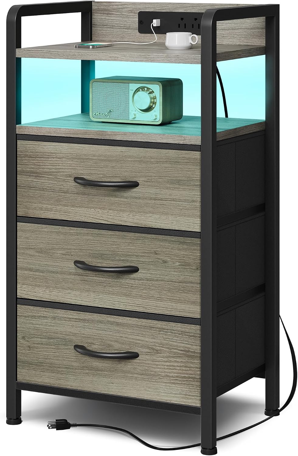Black Nightstand w/USB & AC Outlets, LED Light – 2 Fabric Drawers, Raised Back Guard