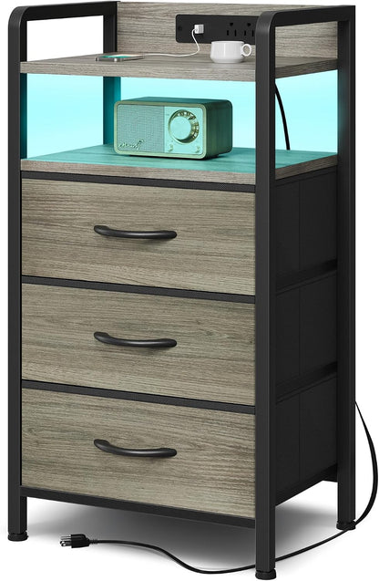 Black Nightstand w/USB & AC Outlets, LED Light – 2 Fabric Drawers, Raised Back Guard