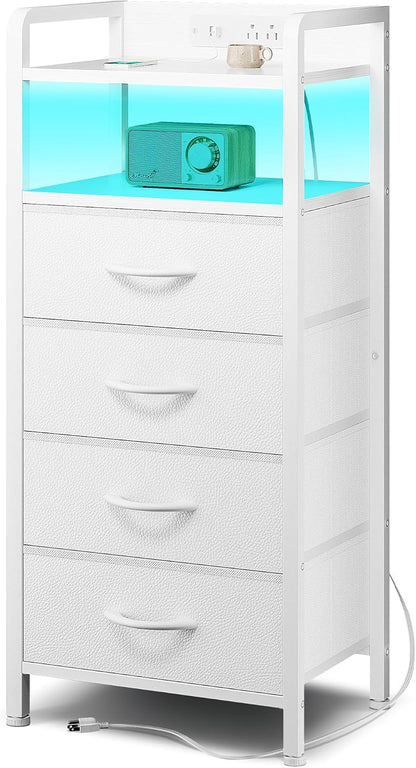 Black Nightstand w/USB & AC Outlets, LED Light – 2 Fabric Drawers, Raised Back Guard