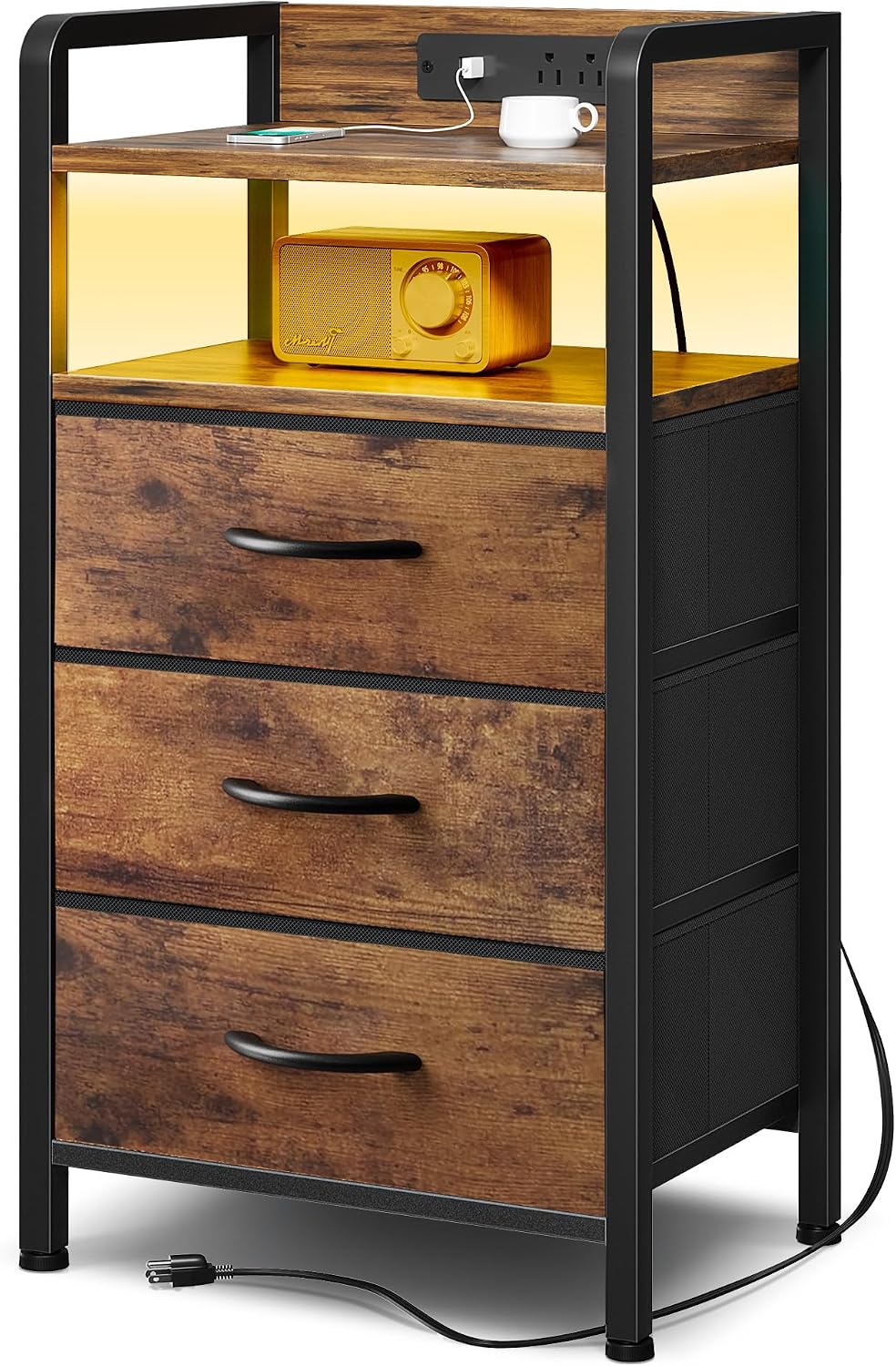 Black Nightstand w/USB & AC Outlets, LED Light – 2 Fabric Drawers, Raised Back Guard