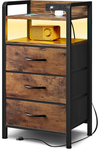 Black Nightstand w/USB & AC Outlets, LED Light – 2 Fabric Drawers, Raised Back Guard