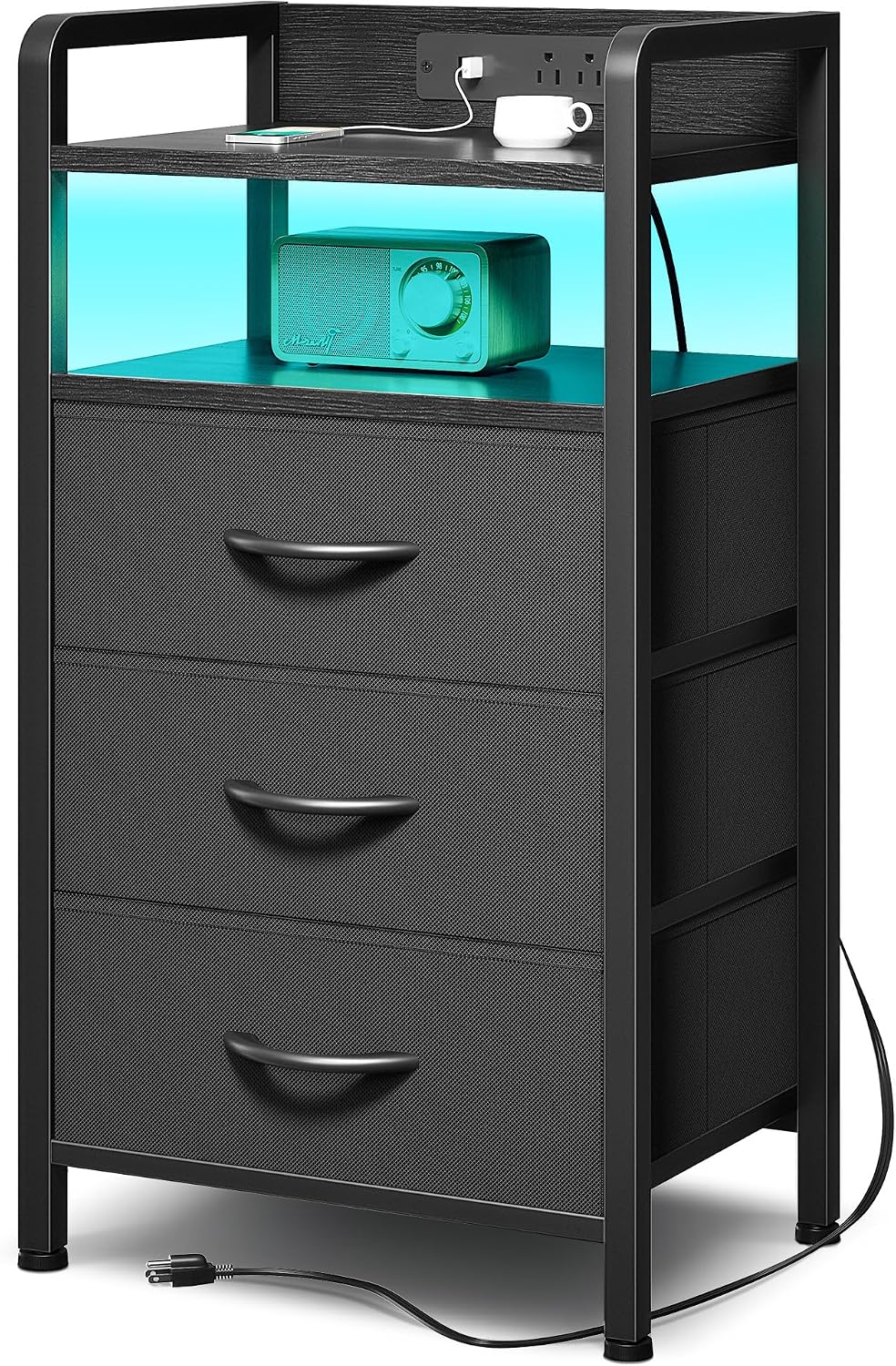 Black Nightstand w/USB & AC Outlets, LED Light – 2 Fabric Drawers, Raised Back Guard