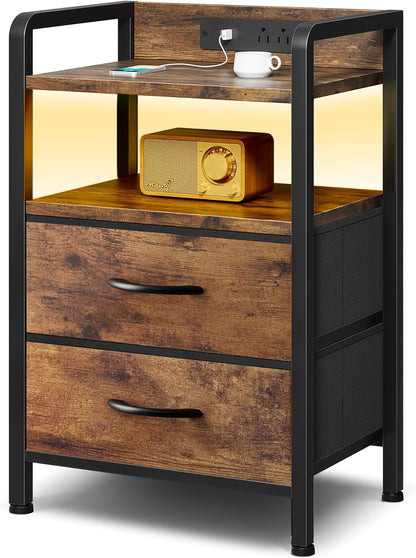 Black Nightstand w/USB & AC Outlets, LED Light – 2 Fabric Drawers, Raised Back Guard