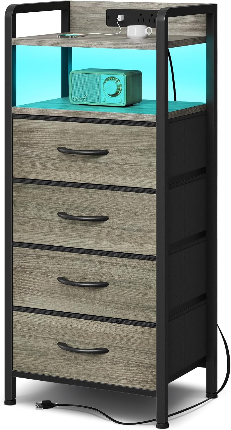 Black Nightstand w/USB & AC Outlets, LED Light – 2 Fabric Drawers, Raised Back Guard