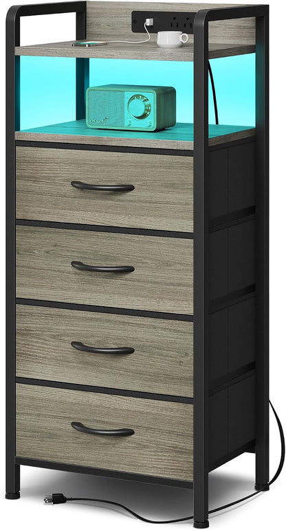 Black Nightstand w/USB & AC Outlets, LED Light – 2 Fabric Drawers, Raised Back Guard