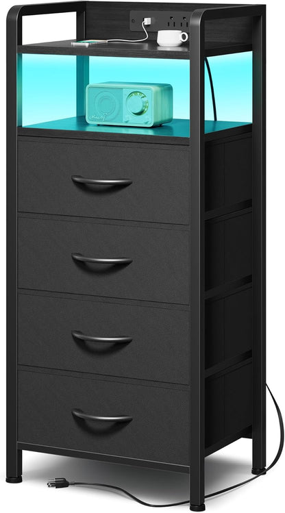Black Nightstand w/USB & AC Outlets, LED Light – 2 Fabric Drawers, Raised Back Guard